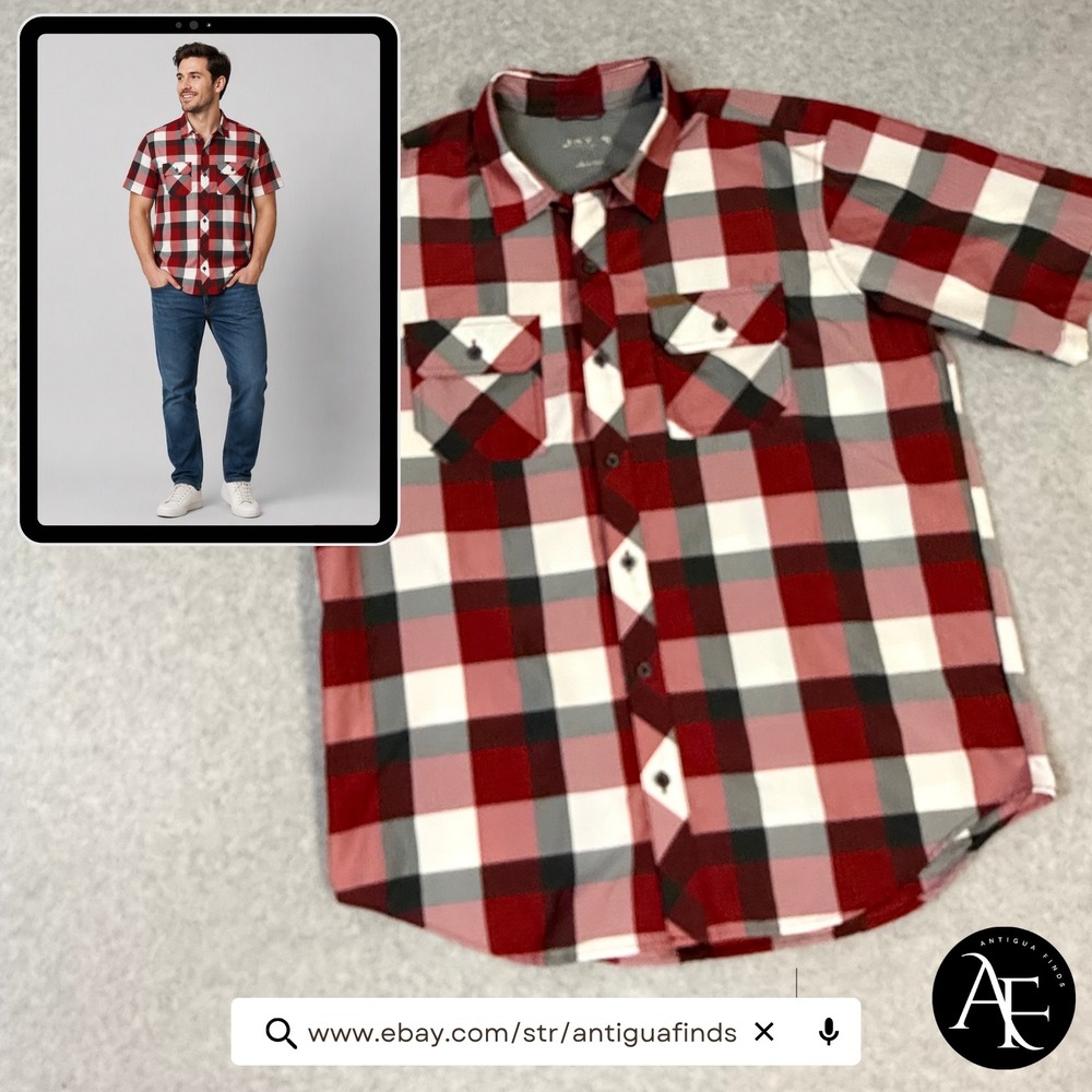 Orvis Mens Red White Grey Plaid Short Sleeve Button Down Utility Shirt Large